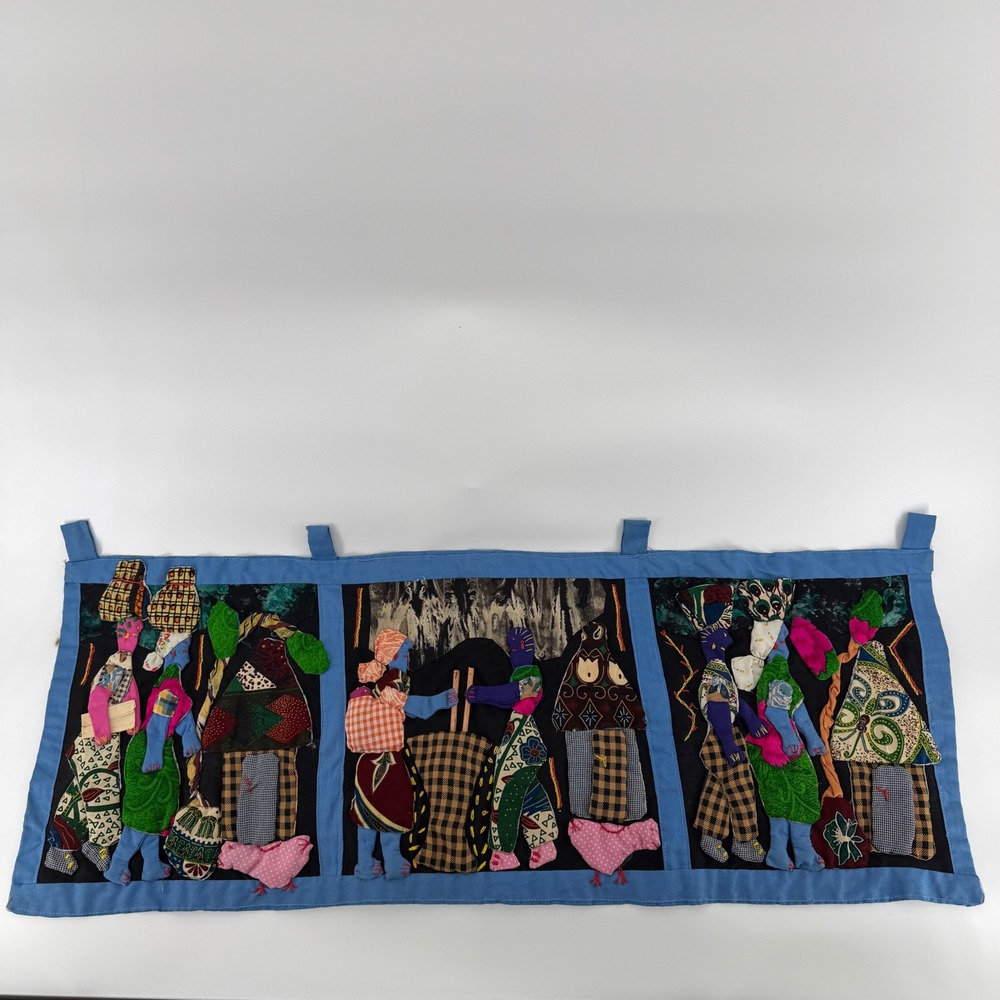 Handmade African Folk Art Wall Hanging 3D Fabric Applique Textile Art 34x13.5